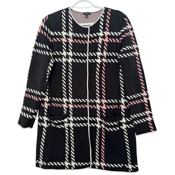 Talbots Size MEDIUM Pink White Herringbone Long Snap Button Cardigan - Picture 3 of 8